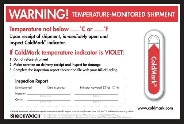 image de l'étiquette de positionnement de l'indicateur de température ColdMark en anglais