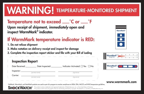 image de l'étiquette de positionnement de l'indicateur de température warmmark en anglais