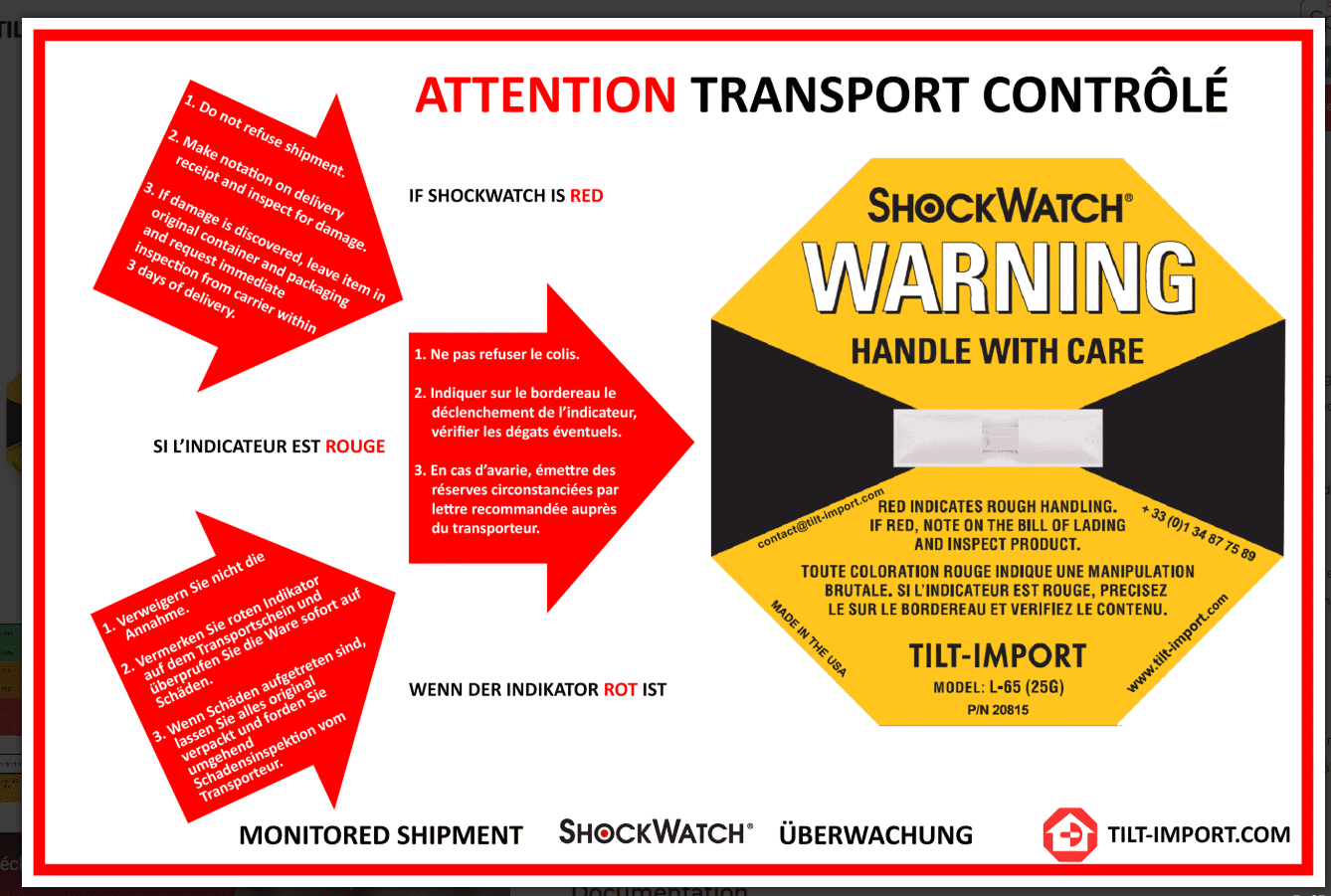 Indicateur de choc ShockWatch et étiquette de positionnement